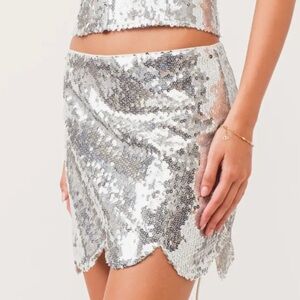 Silver Sequin Mini Skirt with Scallop Hem